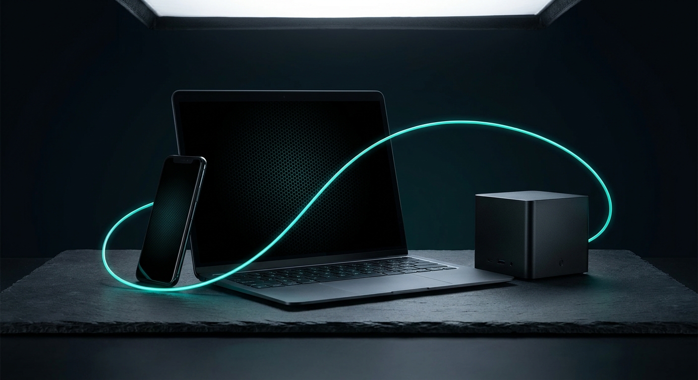 Laptop, phone, and mini server connected by a teal light filament