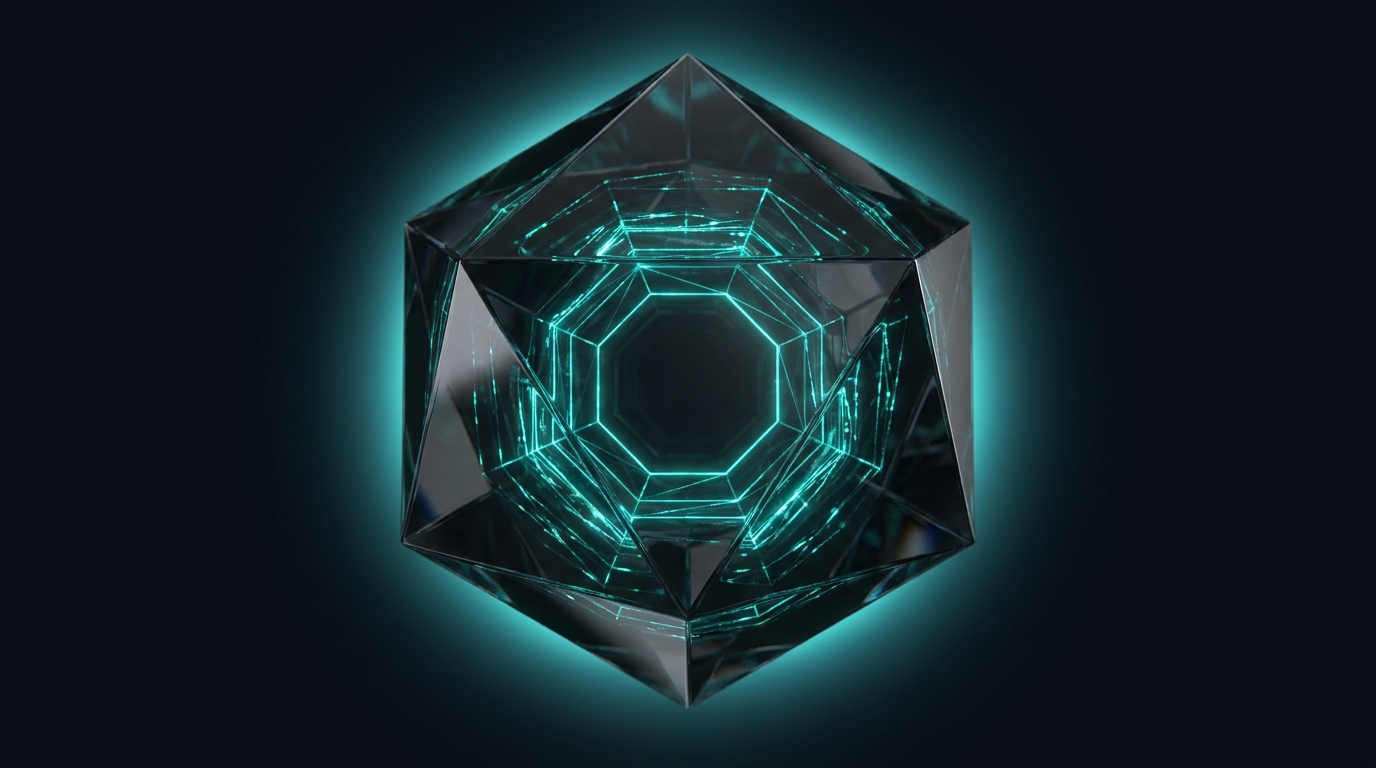 A faceted crystal with a glowing teal octagonal mesh inside